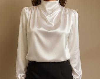 White Satin Cowl Neck Blouse: Elegant Long Sleeve Top