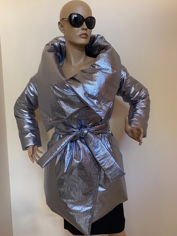 Metallic Silver Winter Down Coat, Wrapped Puffer Coat, Loose Metallic Silver Winter Down Coat, Wrapped Puffer Coat, Loose