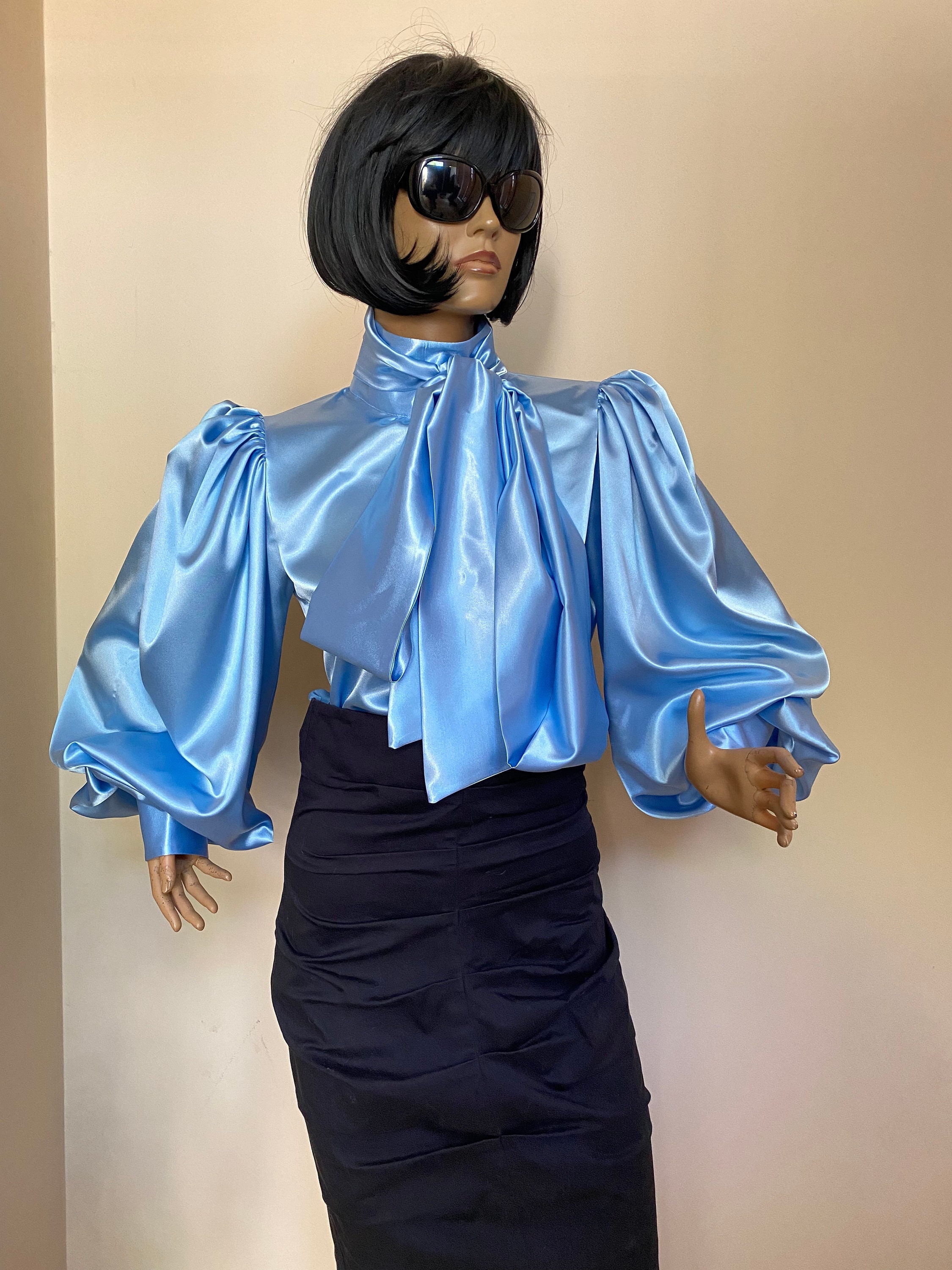 Formal Baby Blue Satin Blouse With Victorian Collar, Bow Tie and