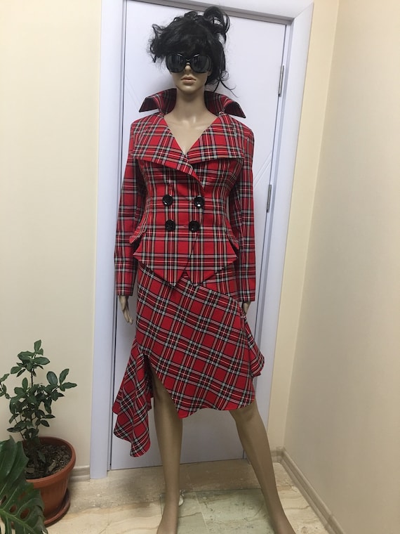 Red Tartan Checked Royal Stewart Tailored Suit womens Plaid