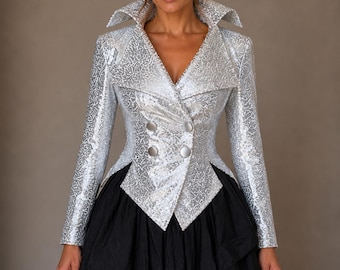 Silver Sequin Blazer, Metallic Tuxedo Jacket, Sparkle Party Blazer, Fitted Evening Jacket, Glamorous Formal Jacket