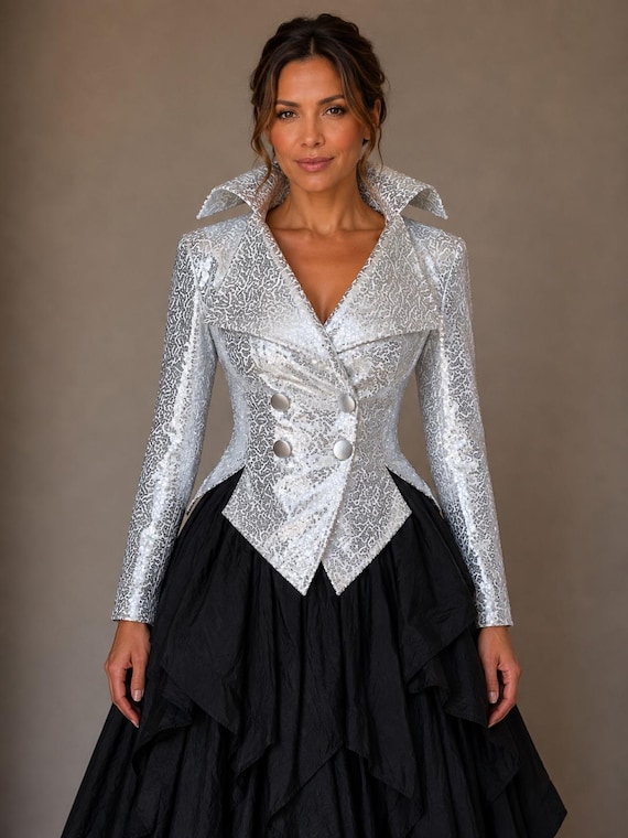 Silver Sequin Blazer, Metallic Tuxedo Jacket, Sparkle Party Blazer, Fitted Evening Jacket, Glamorous Formal Jacket