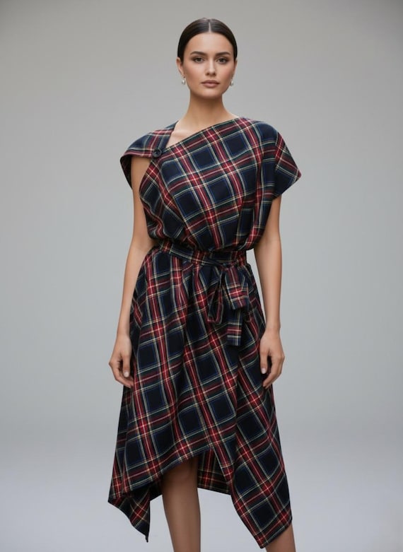 Asymmetrical Black Tartan Summer Dress, Oversized Plaid Midi Dress