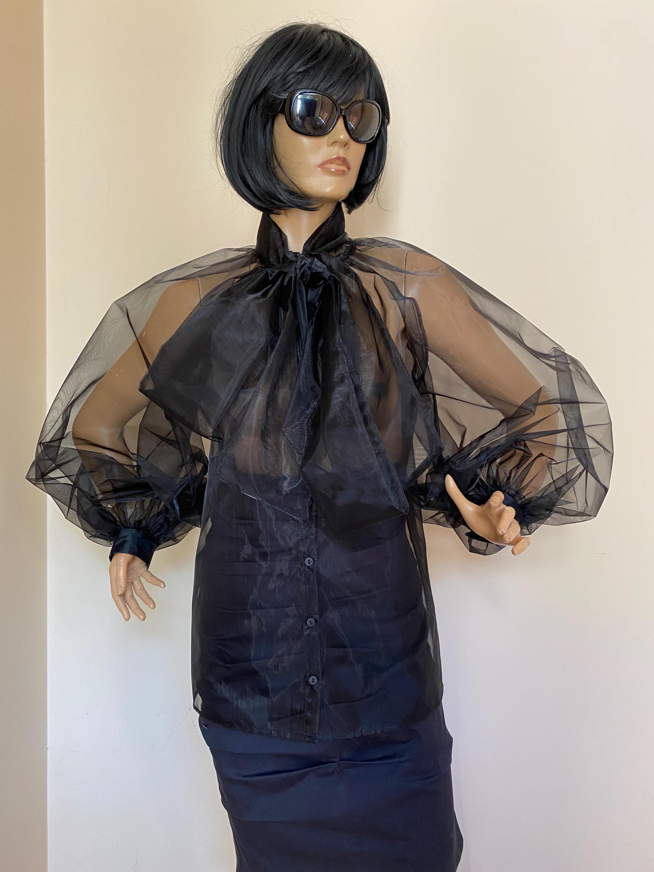 Vintage Inspired Sheer Transparent Black Organza Blouse With