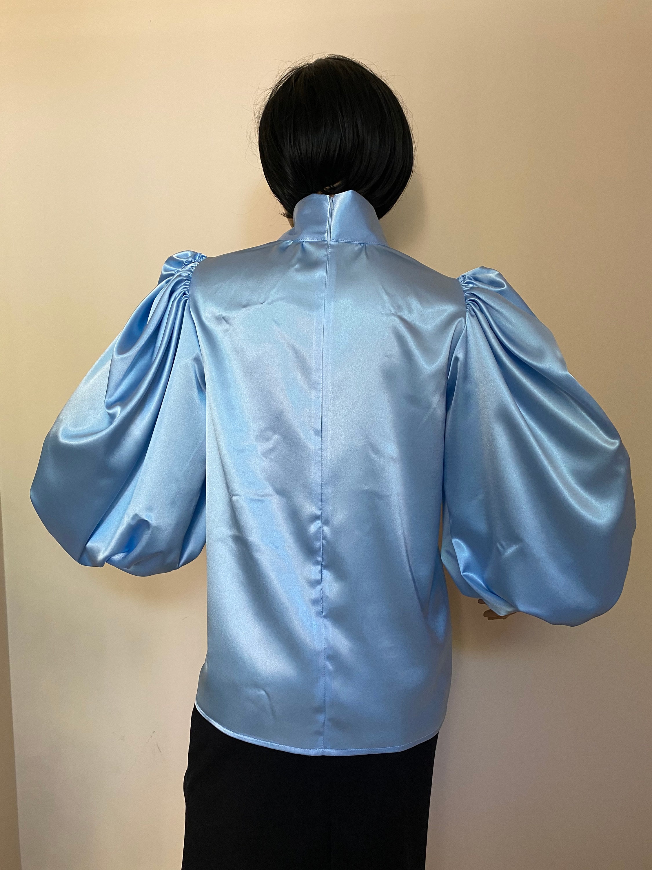 Formal Baby Blue Satin Blouse With Victorian Collar, Bow Tie and