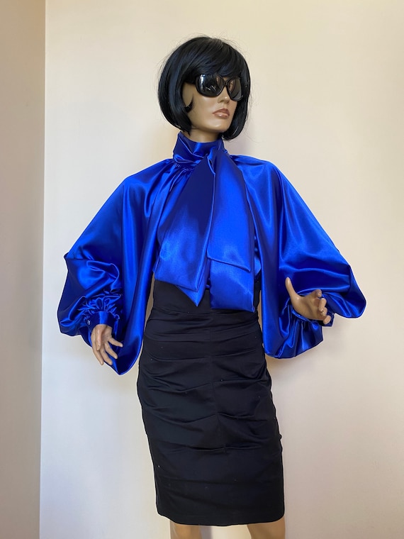 Chemisier avec n ud en satin pour femmes Chemisier bleu cocktail en satin Chemisier a col victorien Chemise Etsy France