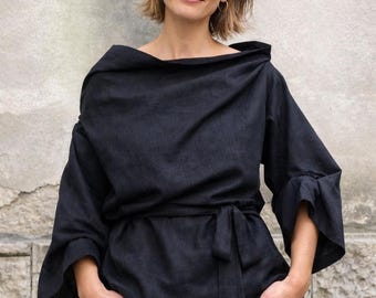 Zwarte linnen blouse, asymmetrische linnen top, minimalistisch linnen shirt, losse linnen blouse, linnen top stropdas taille, moderne linnen kleding