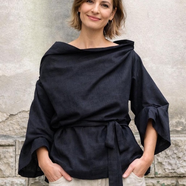Black Linen Blouse, Asymmetrical Linen Top, Minimalist Linen Shirt, Loose Linen Blouse, Tie Waist Linen Top, Modern Linen Clothing