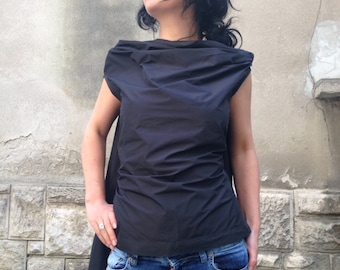 Black Taffeta Summer Top: Asymmetrical Loose Fit