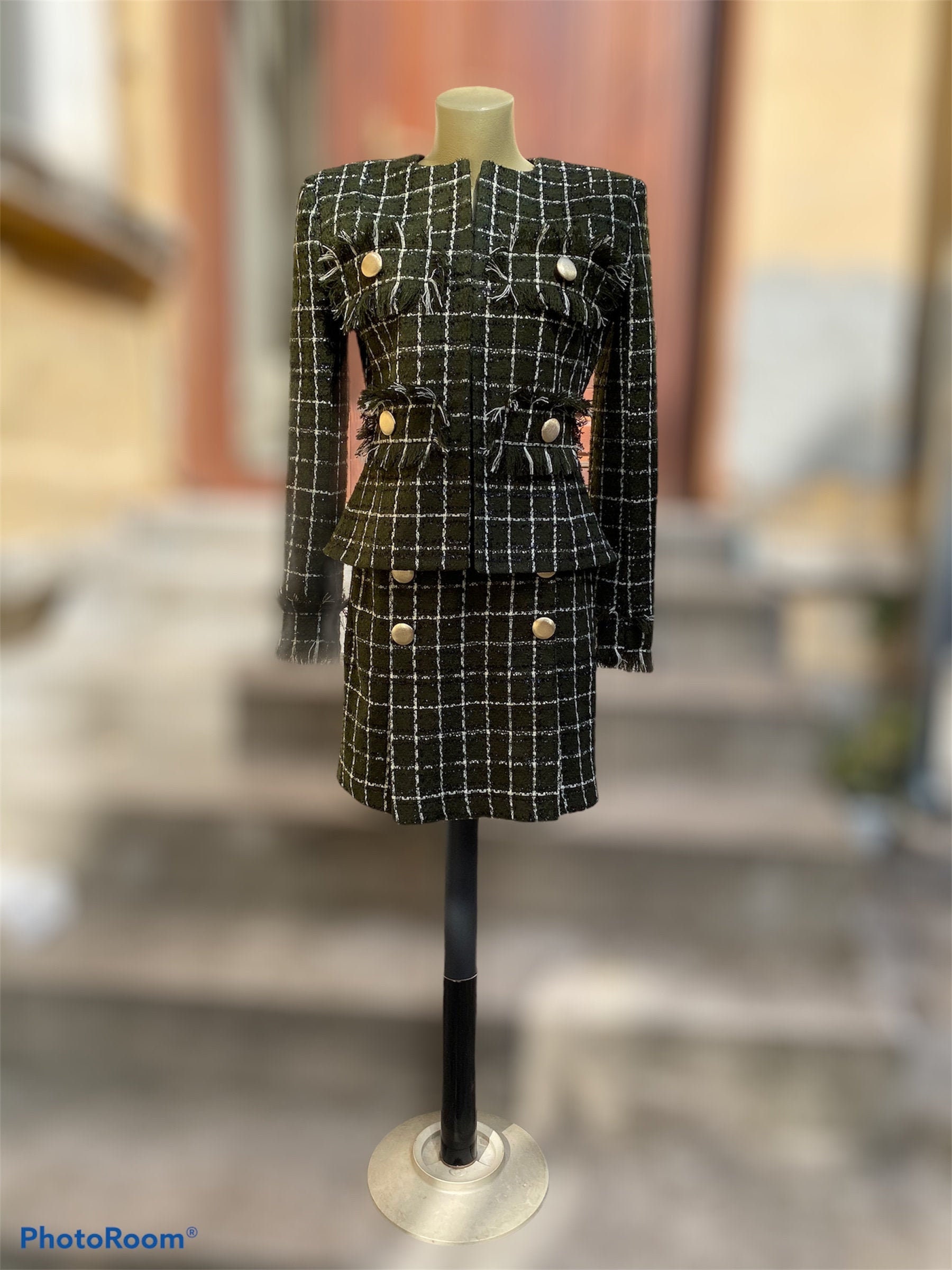 Tweed Set for Women Green Tailored Skirt Suit Formal Green 