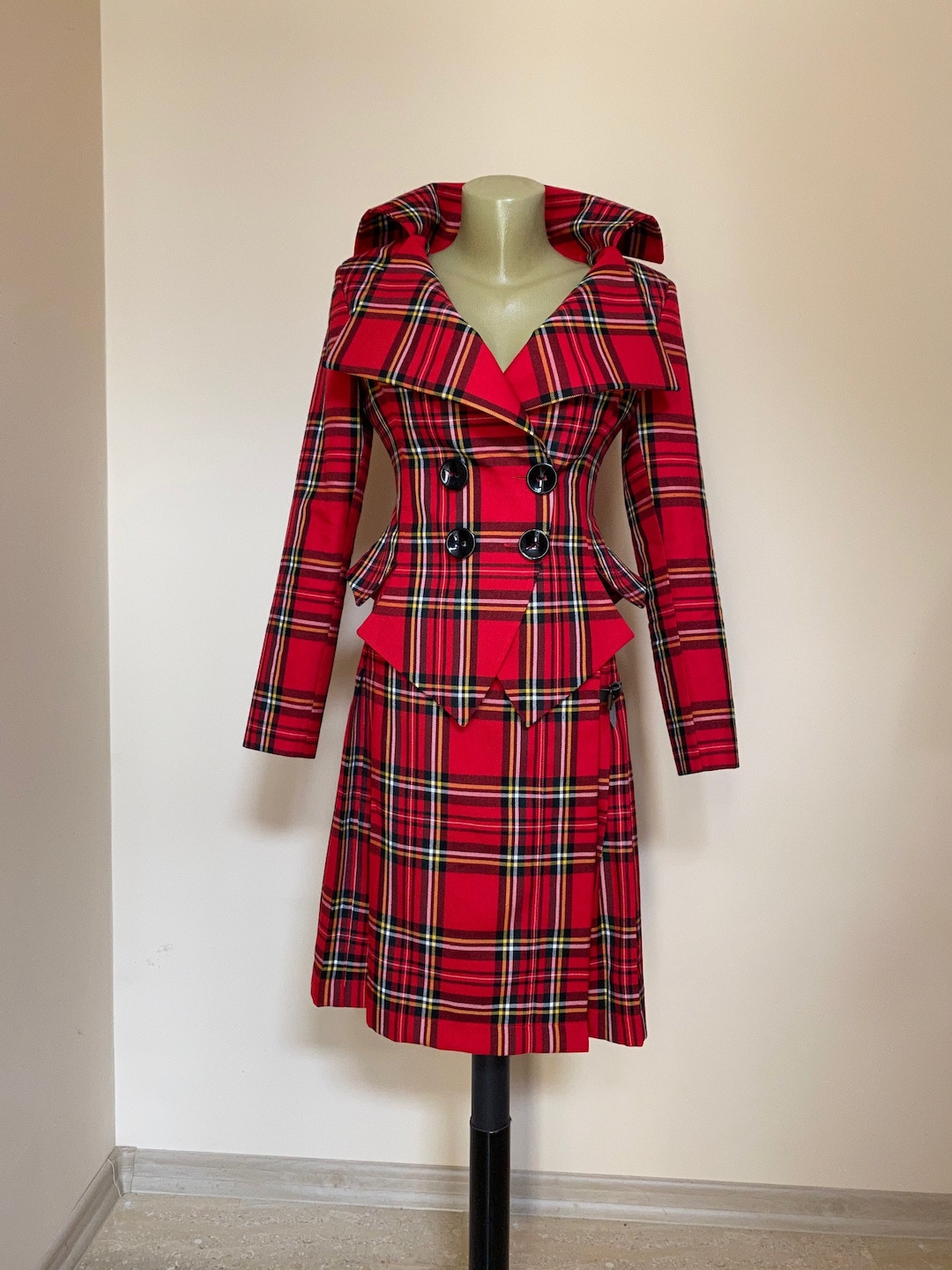 Red Womens Tartan Suit With Pleated Knee Skirt, Red Plaid Suit With ...