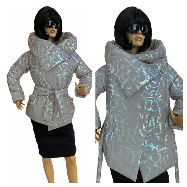 Doudoune holographique grise, manteau de puffer d’hiver chaud, manteau réfléchissant, veste grise d’hiver wrap