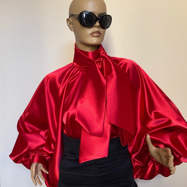 Blouse en satin de cocktail en satin rouge, blouse à col victorien, chemisier taille Plus, chemise à col haut, chemisier rouge pomme Candy