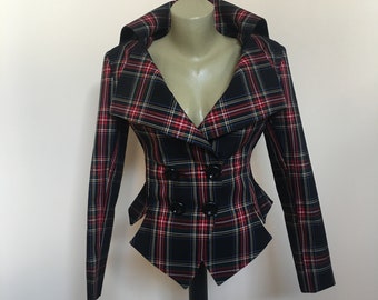 Tartan checked Black Stewart tailored jacket, vintage style plaid jacket, Black Check steampunk lady blazer