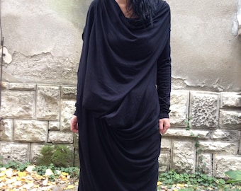 Black Asymmetrical Tunic Dress, Oversized Cotton Jersey