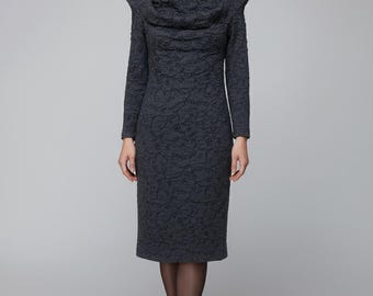 Vestido tubinho cinza elegante em tricô | Vestido midi clássico com mangas compridas