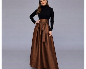 Copper Maxi Long Taffeta Skirt with high waist and side pockets, A - line Goth skirt