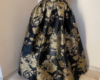 Black Brocade Maxi, long skirt with high waist and side pockets, A - line floor length lame skirt, Floral Brocade Formal Maxi Skirt