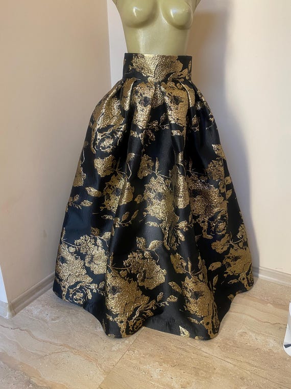 Black Brocade Maxi, long skirt with high waist and side pockets, A - line floor length lame skirt, Floral Brocade Formal Maxi Skirt