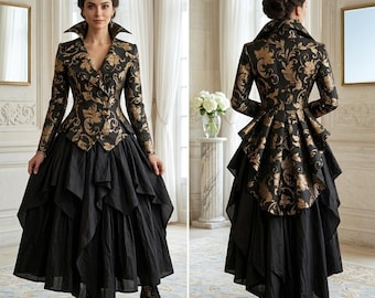 Gold Brocade Tailcoat Jacket for Women, Victorian Steampunk Wedding Coat, Gothic High-Low Edwardian Bodice, Formal Masquerade Party Outfit