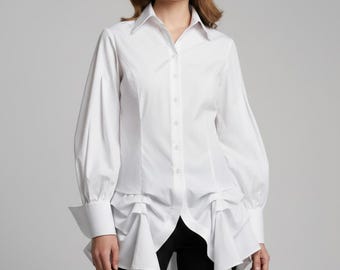 Steampunk Cotton Avant-Garde Blouse, Neo-Victorian High-Low Shirt, Women’s Asymmetric Puffy Sleeve Top