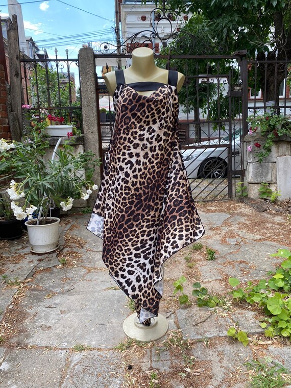 Animal print Satin Kaftan Long dress, Wide strap dress, Asymmetrical A line summer dress,Cheetah print dress, Long loose colorfull sundress.