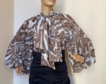 Beige Printed Chiffon Blouse: Georgette Bow Tie Blouse