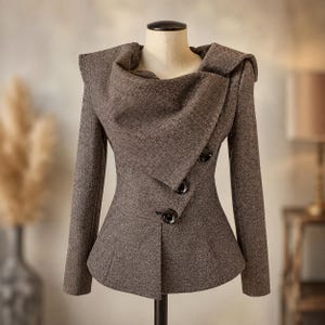 Wool Herringbone Blazer, Fitted Victorian Jacket, Asymmetric Button Jacket, Steampunk Wool Blazer