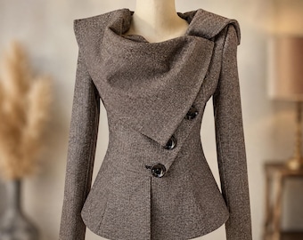 Wool Herringbone Blazer, Fitted Victorian Jacket, Asymmetric Button Jacket, Steampunk Wool Blazer, Size Small