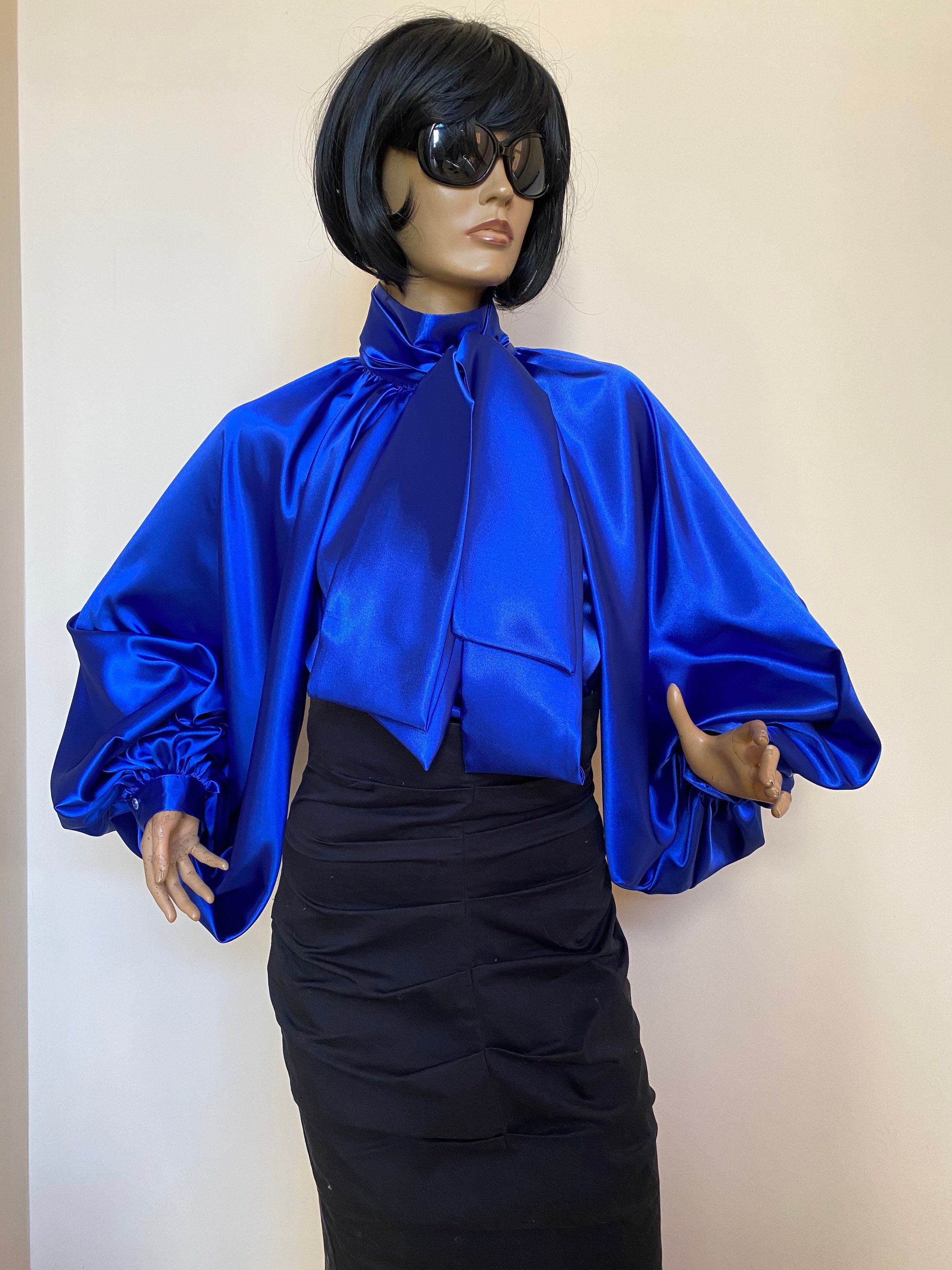 Formal Womens satin bow blouse, Blue cocktail satin blouse, Victorian collar Blouse, Shirt