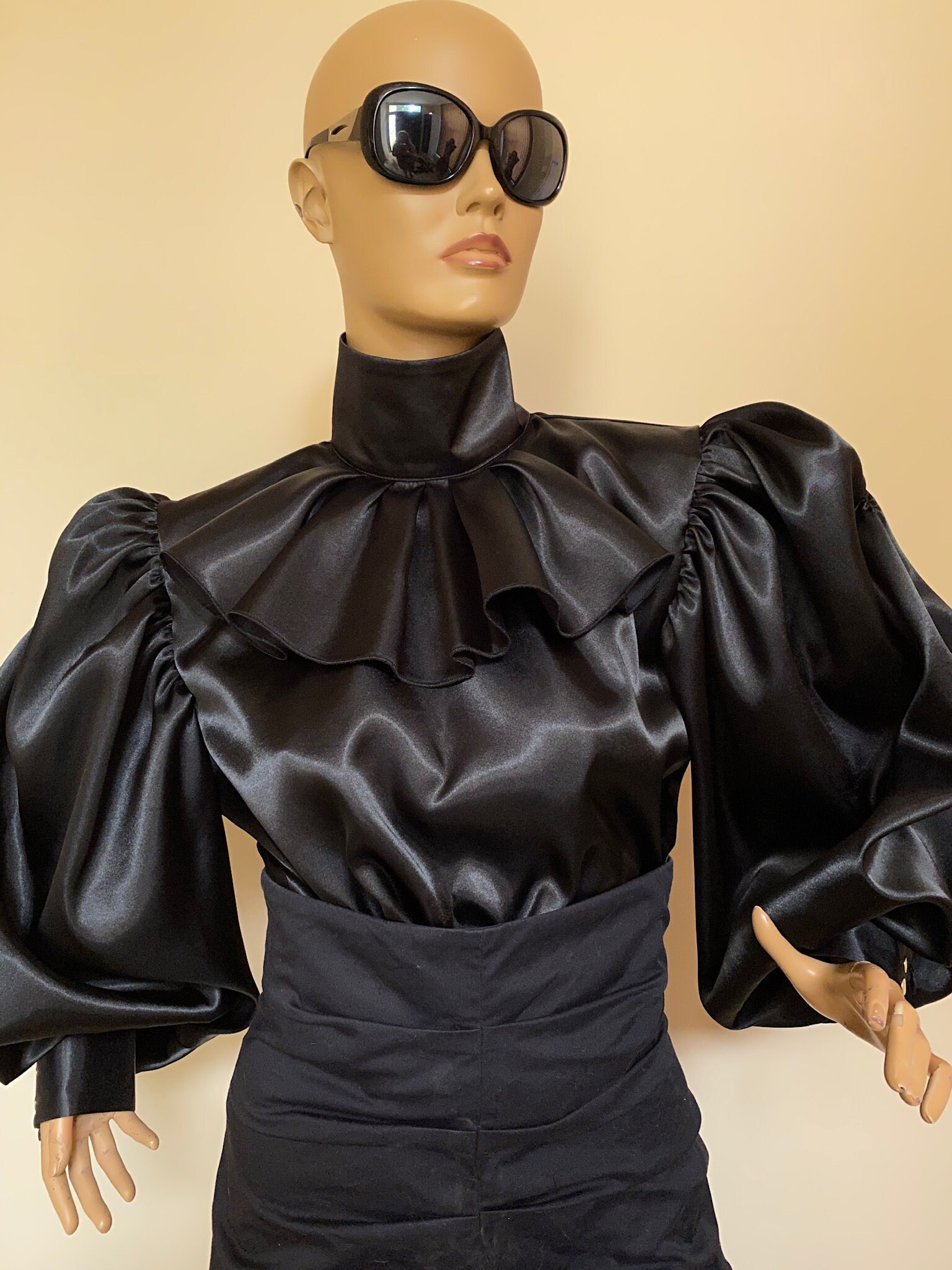 Formal Black Satin Blouse With Victorian Collar and Puffy - Etsy