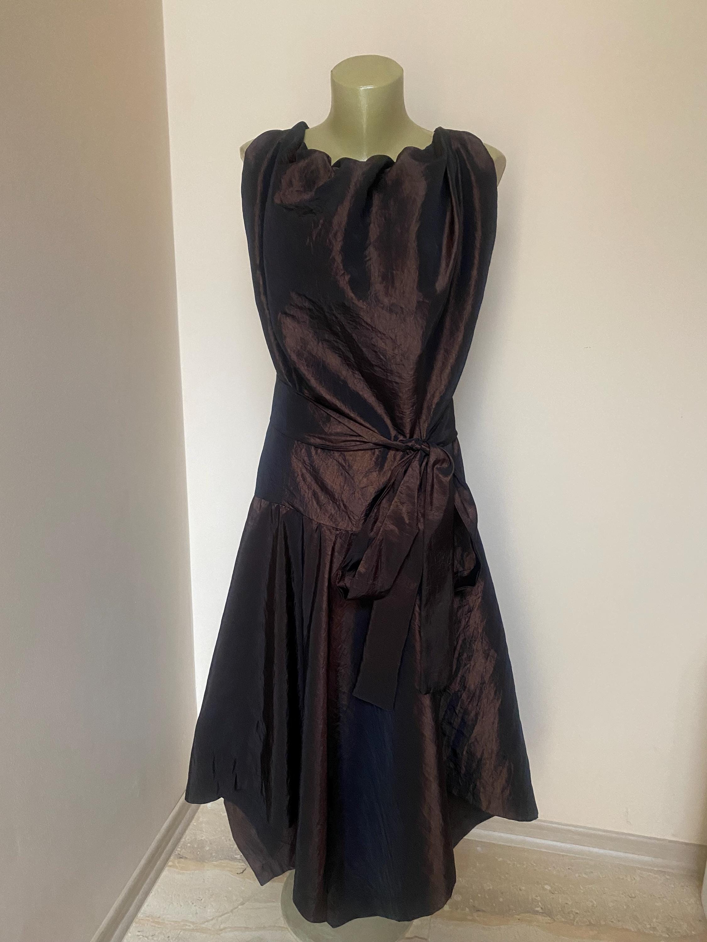 Chocolate Brown Taffeta Handkerchief Hem Dress | Sleeveless Midi Formal Cocktail Gown