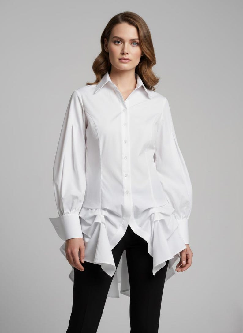 Black Steampunk Victorian Blouse, Gothic High-Low Asymmetric Shirt, Avant-Garde Dark Academia Top image 4