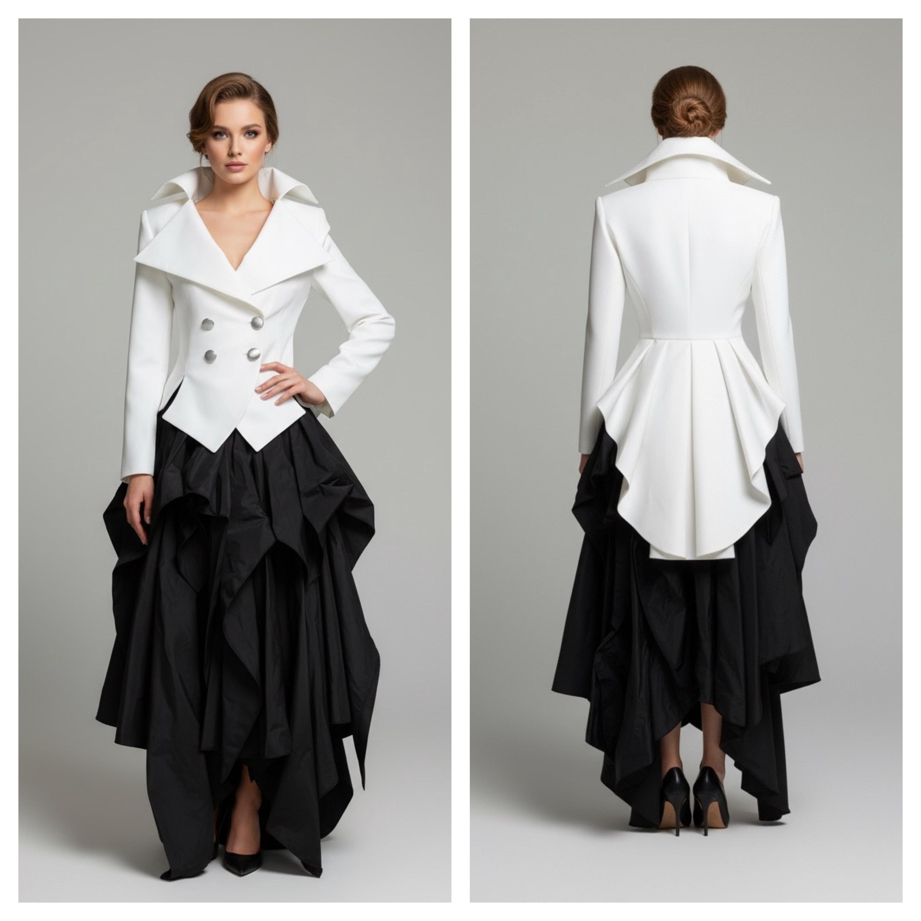 フォーマルな女性用ホワイト燕尾服、女性用タキシード燕尾服、黒の