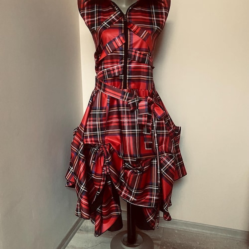 Edgy Red Tartan Dress With Zipper & Ruffle Details, Asymmetrical