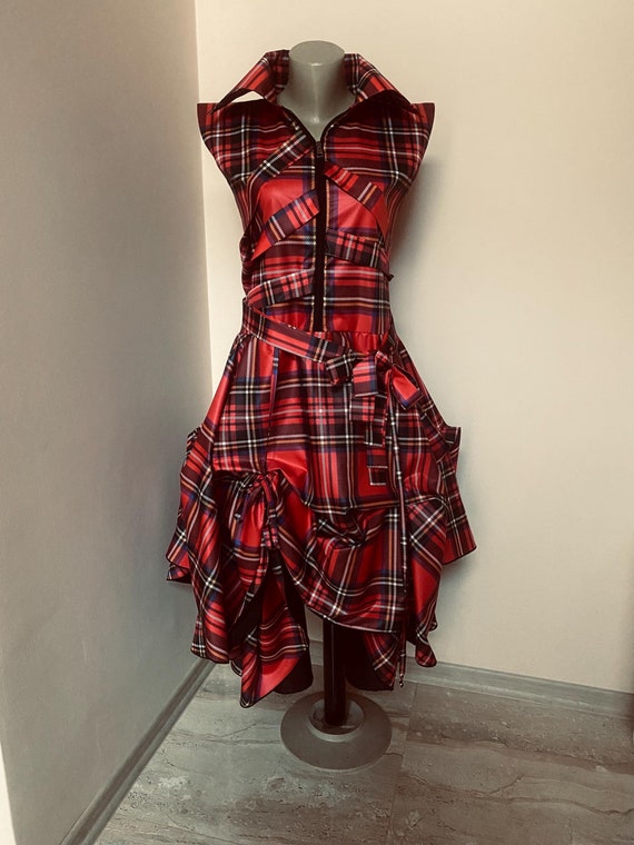 navy blue dress for baby girl Edgy Red Tartan Dress with Zipper & Ruffle Details, Asymmetrical Punk