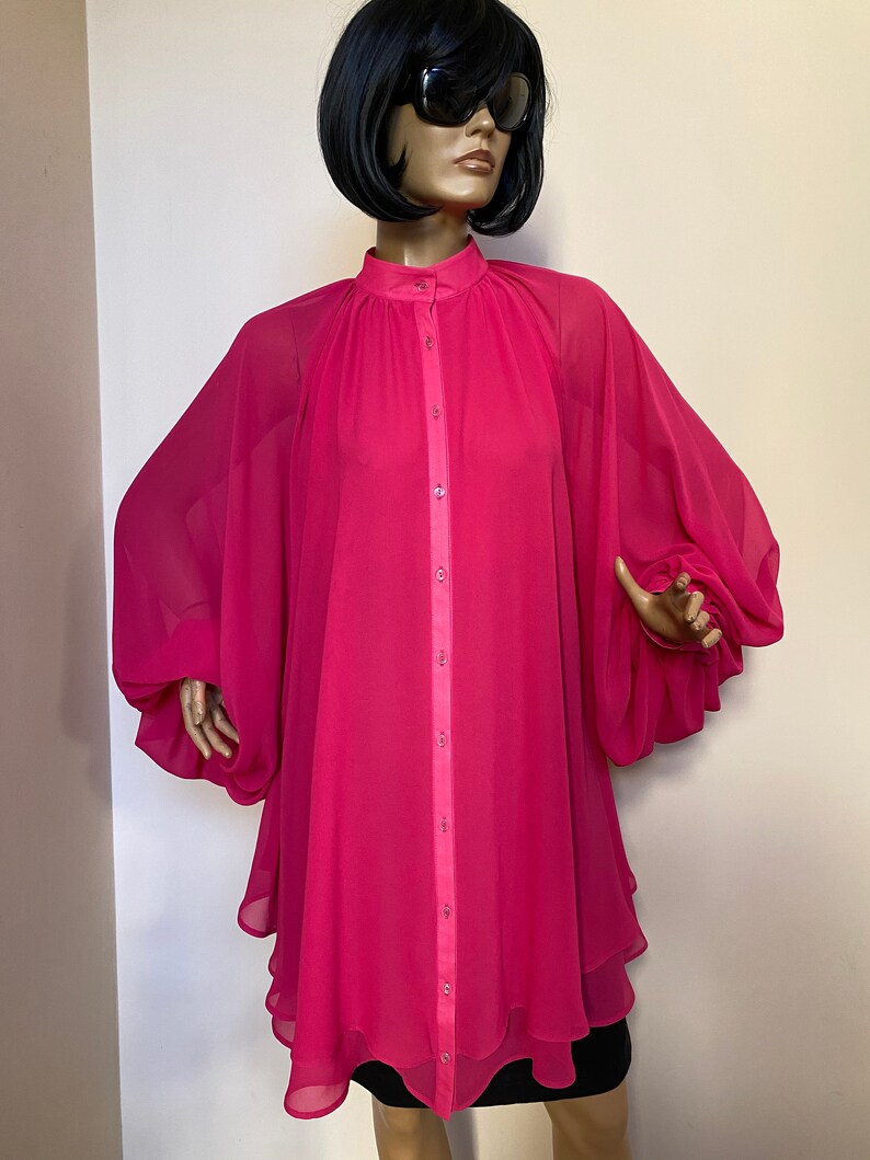 A line dress tunic Summer dress Plus size top Shift dress Fuchsia formal chiffon dress tunic with puffy sleeves