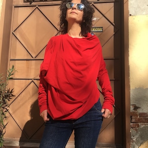 Red Oversized asymmetrical top, Loose White Red Black Purple Blouse , Summer sweater , Lagenlook Extravagant top tunic
