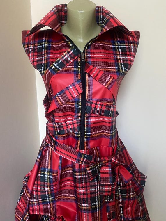 Edgy Red Tartan Dress With Zipper & Ruffle Details