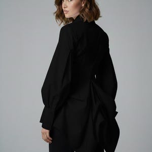 Black Steampunk Victorian Blouse, Gothic High-Low Asymmetric Shirt, Avant-Garde Dark Academia Top image 3