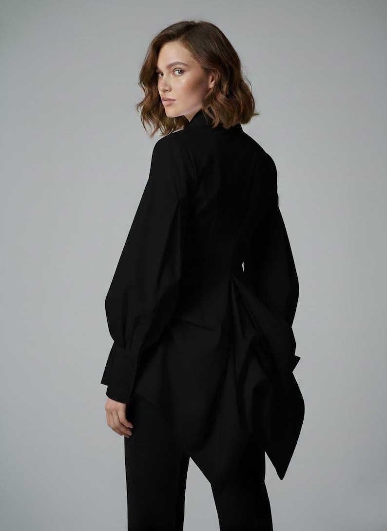 Black Steampunk Victorian Blouse, Gothic High-Low Asymmetric Shirt, Avant-Garde Dark Academia Top image 3