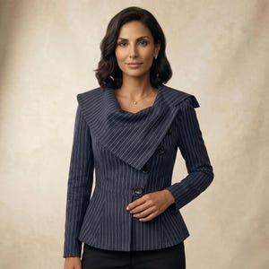 Giacca strutturata a righe da donna, blazer aderente e sartoriale, giacca con colletto vistoso, blazer in maglia di cotone, giacca elegante da ufficio