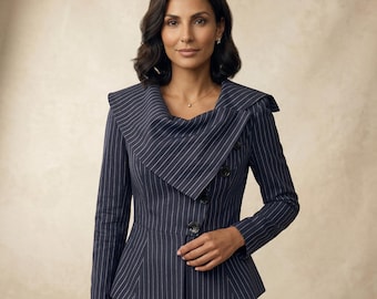 Pinstripe Structured Jacket Women, Fitted Tailored Blazer, Dramatic Collar Jacket, Cotton Knit Blazer, Elegant Office Jacket
