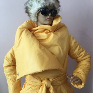 Womens yellow square down coat, Womens winter jacket, Puffer atmosphere down overcoat yellow, Quilted down coat image 1