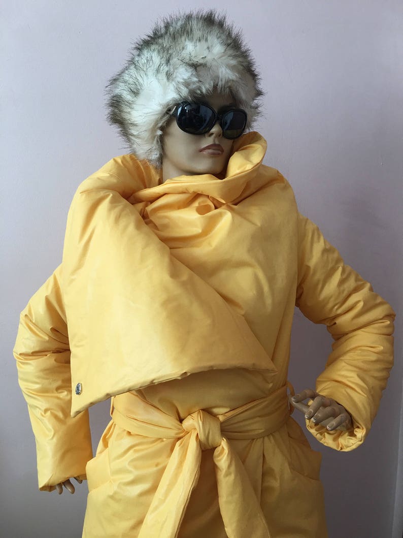 Womens yellow square down coat, Womens winter jacket, Puffer atmosphere down overcoat yellow, Quilted down coat image 1