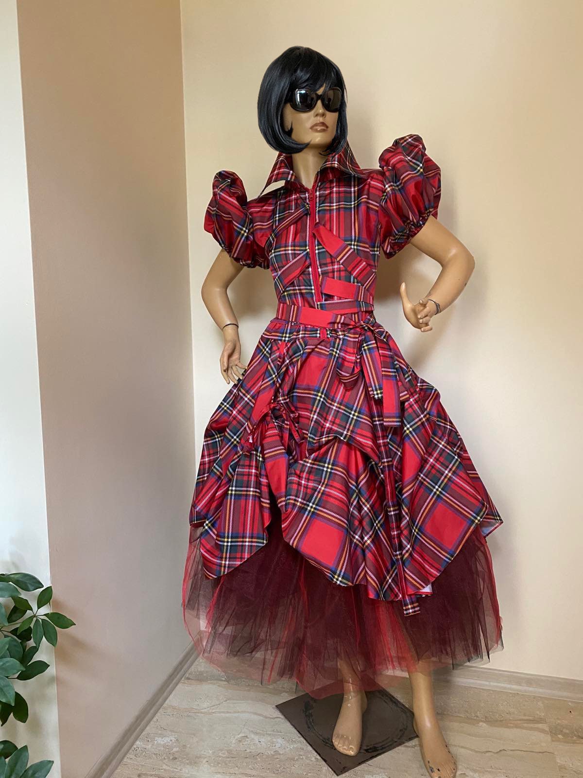 tartan skater dress Red Tartan Flutter Sleeve Midi Dress Red Tartan PRINT / L / H23207