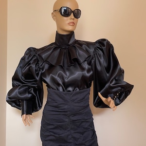 Formal black Satin Blouse with Victorian Collar and Puffy sleeves