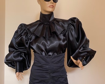 Formal black Satin Blouse with Victorian Collar and Puffy sleeves