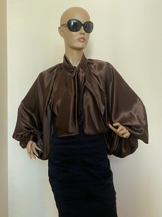 Camicetta di seta donna formale camicietta in raso da cocktail marrone Chokolate Satin Bow Blouse Vescovo Camicia Con maniche Puffy Camicia Etsy Italia