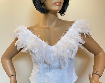 White Sequins Corset, Sequins Bustier, Fluffy Turkey Feathers Trimmed White  Sequin Top -  Canada